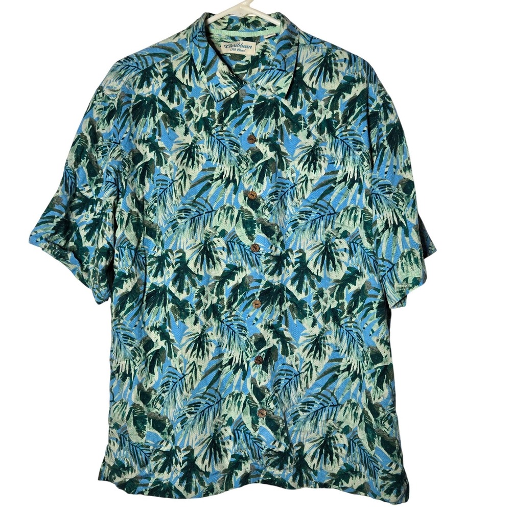 Caribbean Silk Blend Mens Hawaiian Button Shirt Large‎ Tropical Resort Cruise